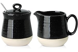Hasense Sugar and Creamer Set, 3 Piece Porcelain Coffee Serving Set with Cream Pitcher, Sugar Bowl, Lid & Spoon, 10 Ounce Creamer Container and Sugar Pot, Farmhouse Decor (Black)
