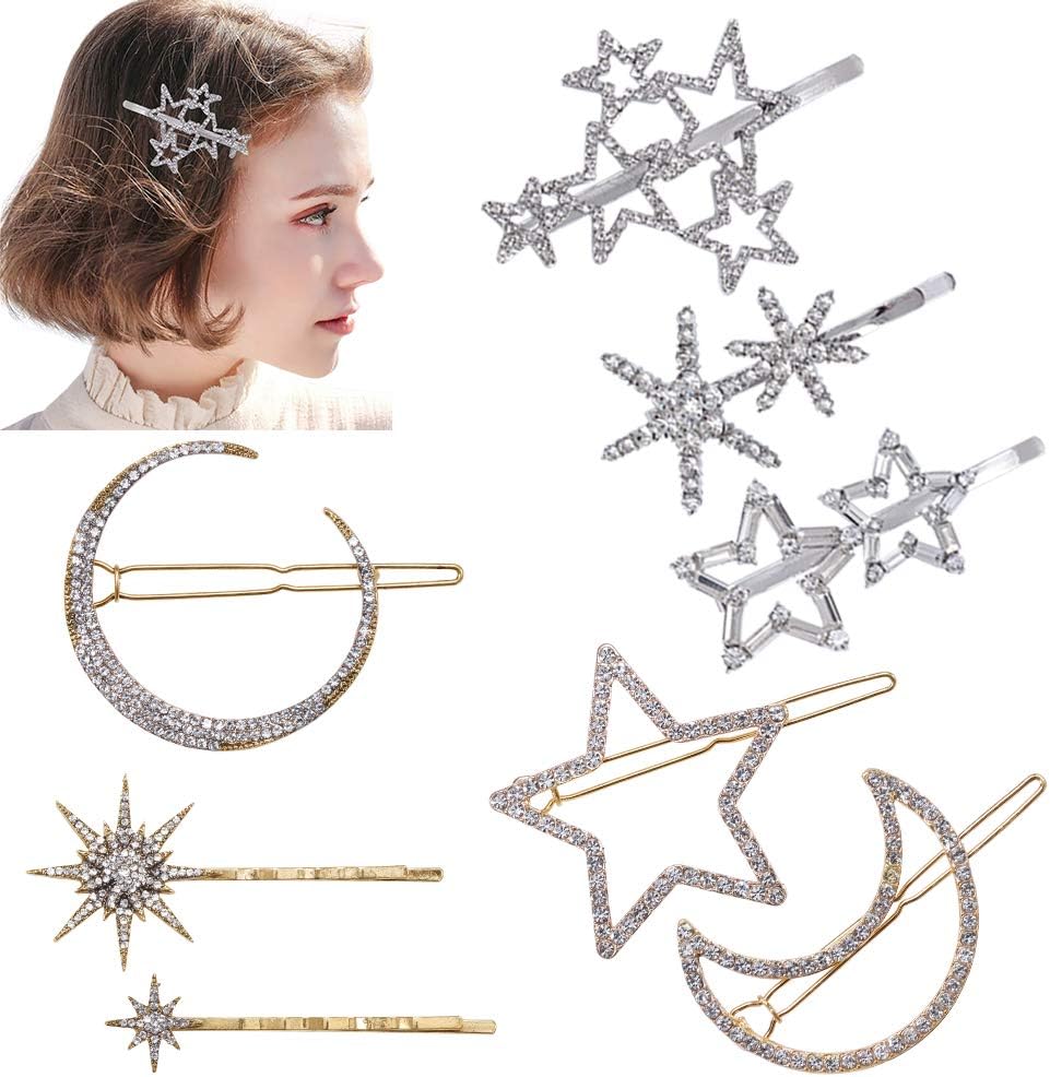 8Pcs Rhinestone Hair Clips Moon Star Minimalist Hair Clips Hair Barrettes Rhinestone Hairpins for Women Girls