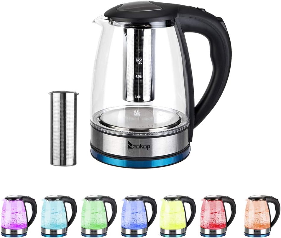 Electric Kettle Glass Electric Kettle with Filter,BPA Free,7 Colors LED Light Change Automatically 110V 1500W 1.8L Electric Glass Kettle with 360° Cordless Pirouette Base Auto Shut-Off,Boil Dry and overheat Protection