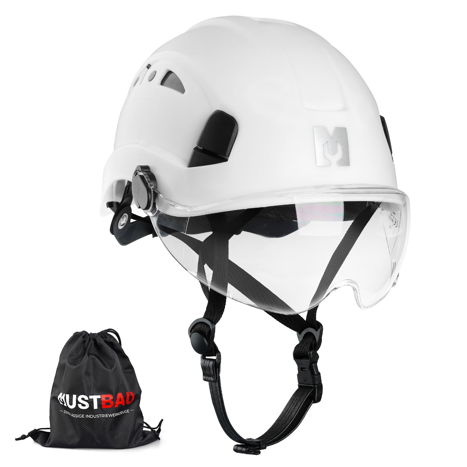 MUSTBAU Safety Helmet with Visor, EN 12492 Ventilated Hard Hat Work at Height, Low Profile Scaffolding Helmet with Chin Strap & Reflective Strips for Construction, Climbing, Forestry 53-63 cm