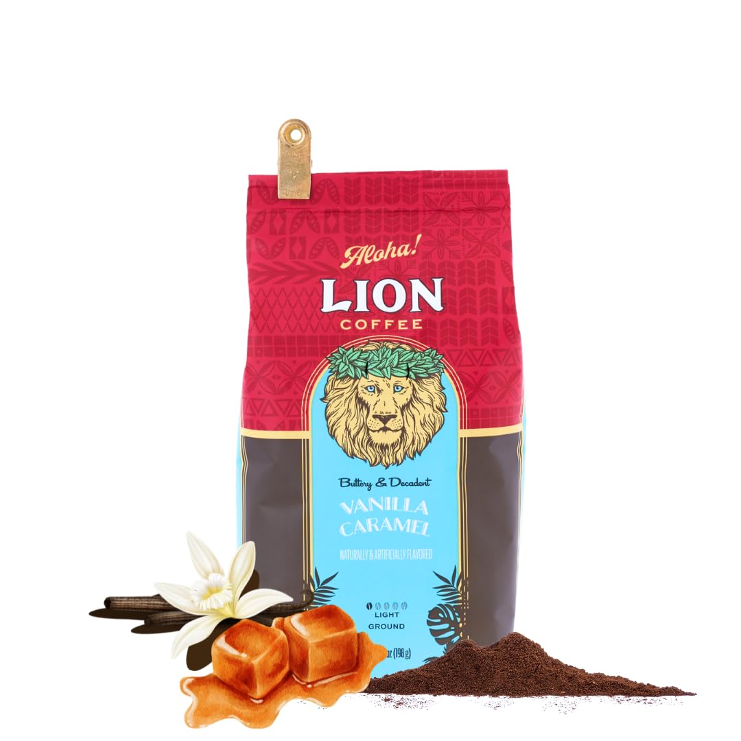 ライオンコーヒー バニラキャラメル 粉 7oz (198g) フレーバーコーヒー ドリップ ハワイ 中挽き 浅煎り ライトロースト 水出しOK 新パッケージ 人気 ギフト lion coffee商品画像