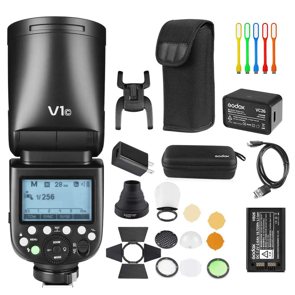 V1-C E-TTL Flash Speedlite, 76Ws 2.4G High-Speed Sync 1/8000s 2600mAh Li-ion Battery Round Head Camera Speedlight with Godox AK-R1 Accessories Kit Compatible for Canon Cameras