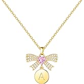 Ritach Bow Initial Necklaces for Women Girls - Real Gold Plated Pink CZ Heart Bow Necklace with Disc Letter Pendant Dainty Gold Initial Necklaces for Women Teen Girls Birthday Gifts
