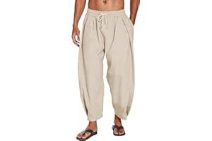 COOFANDY Men's Cotton Linen Harem Pants Drawstring Casual Cropped Trousers Lightweight Loose Beach Yoga Pants with Pockets