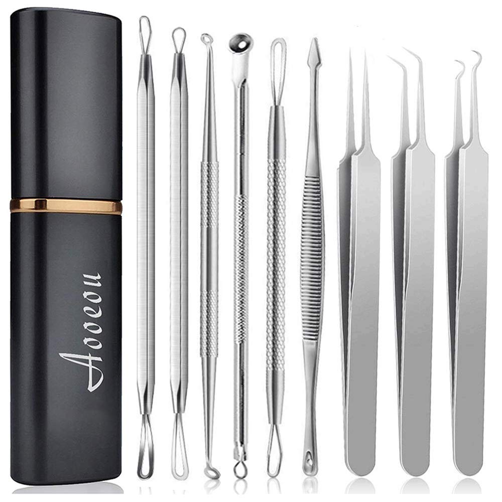 Blackhead Remover Acne Tool 9PCS Kit, Aooeou Professional Stainless Steel Curved Pimple Tweezers Comedone Extractor Instrument Tool Set for Curing Facial Blemish Whitehead: Beauty