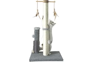 PAWSFANS Cat Scratching Post,Sisal Scratch Posts Vertical Scratcher for Indoor Cats and Kittens,with self Grooming Bursh and Interactive Toys 30 Inches Tall Grey