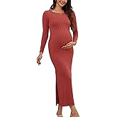 guruixu Women's Maternity Sweater Dress Ribbed Knit Long Sleeve Maxi Bodycon Dress Pregnancy Outfits