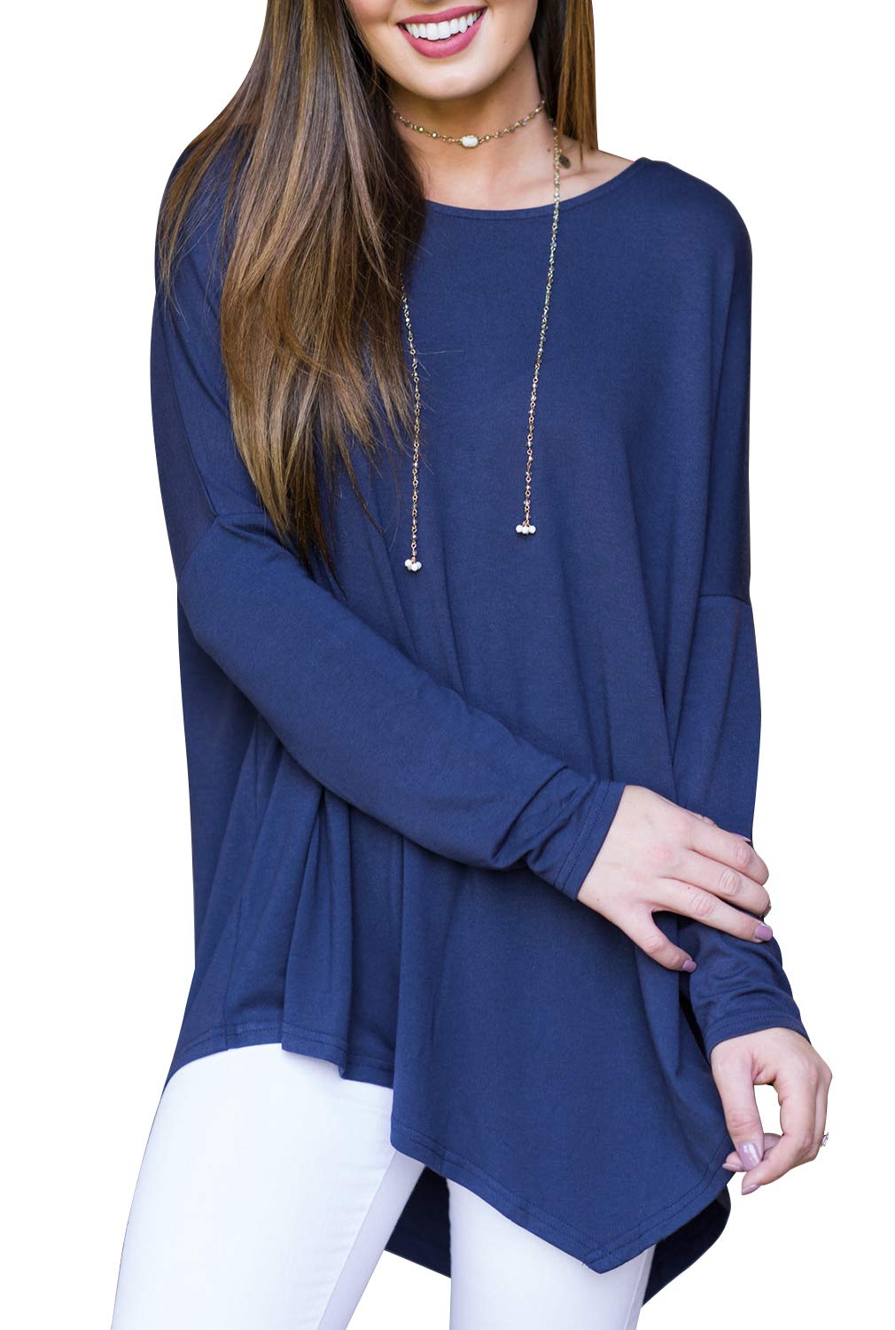 Blooming Jelly Ladies Long Sleeve Top Longline T Shirt Asymmetric Hanky Hem Tunic Boat Neck Jumper For Women Navy Blue,S