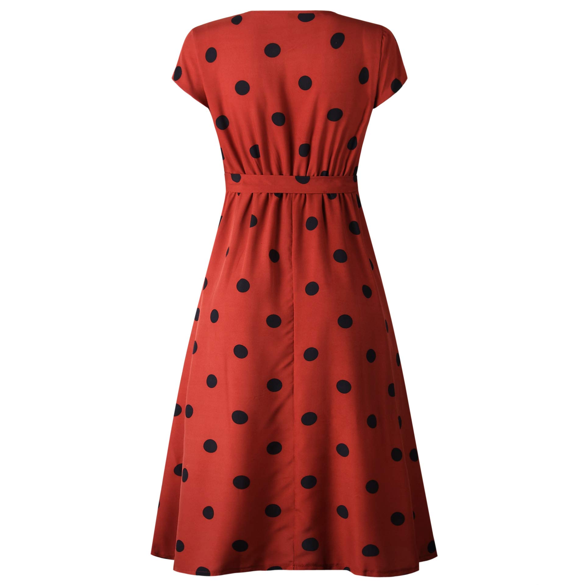 Women\'s Polka Dot Dress Vintage V Neck Pleated Wrap Dress A-Line Swing Midi Dress with Belt Brick Red L