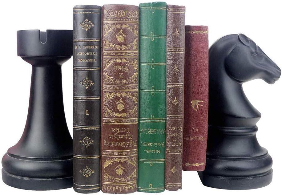 Chess Piece Bookends, Bookends for Heavy Books, 6.7Inch Tall Black Classic Decorative Book Ends, 1Pair/2Piece (Chess)