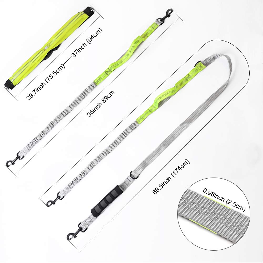 Dual Dog Leash Two Dog Lead with Waist Belt Bag Double Dog Leash Retractable Reflective Dog Leash Double Strong for 2 Dogs with Comfort Padded Handle Training Leash for Dogs Walking Running(1.7-1.9M)