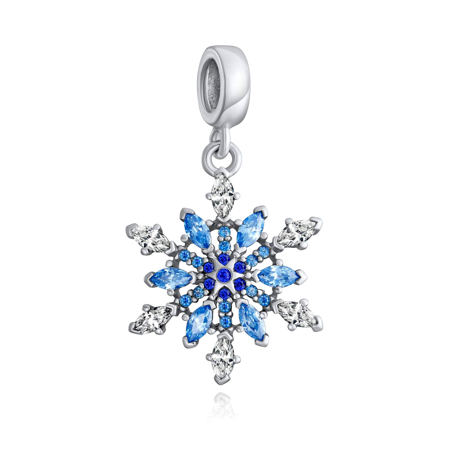 Bling Jewelry Frozen Winter Holiday Party Christmas Ice Blue Crystal Snowflake Dangling Bead CZ Charm .925 Sterling Silver For Women European Bracelet