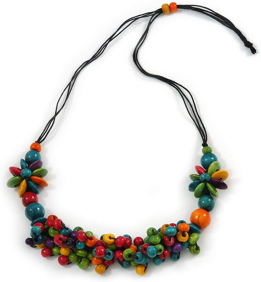 Multicoloured Wood Bead Cluster Black Cotton Cord Necklace - 72cm L/Adjustable
