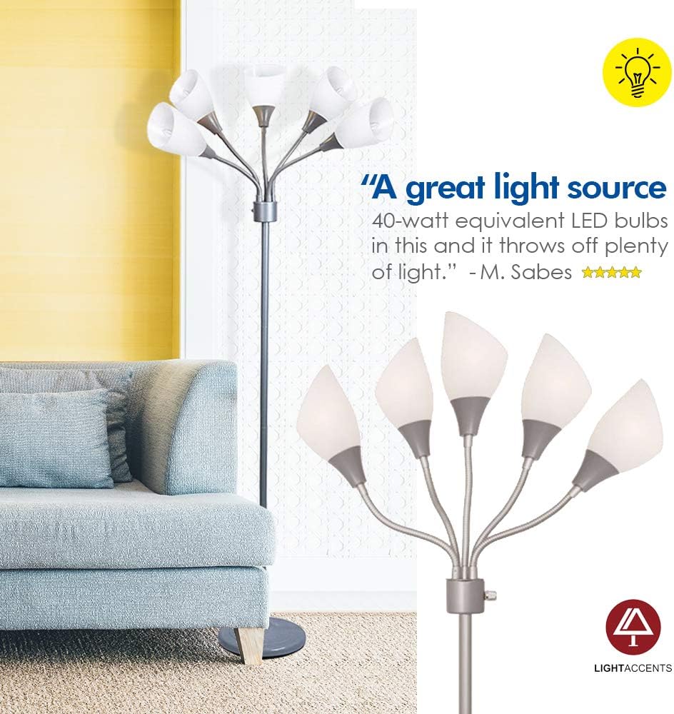 Modern Floor Lamp Room Light by Lightaccents - Medusa Multi Head Standing Lamp Bedroom Light with 5 Adjustable White Acrylic Reading Shades Room Light (Silver) - - 