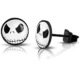Stainless Steel Jack Skellington Round Circle Button Stud Post Earrings