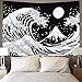 Japanese Wave Tapestry - Kanagawa Great Wave Wall Art With Sun, Black and White for Room