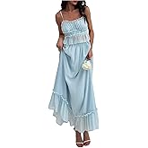 SOLY HUX Women's Skirt Sets 2 Piece Outfits Contrast Trim Ruffle Hem Cami Tops and Maxi Skirt Vacation Set