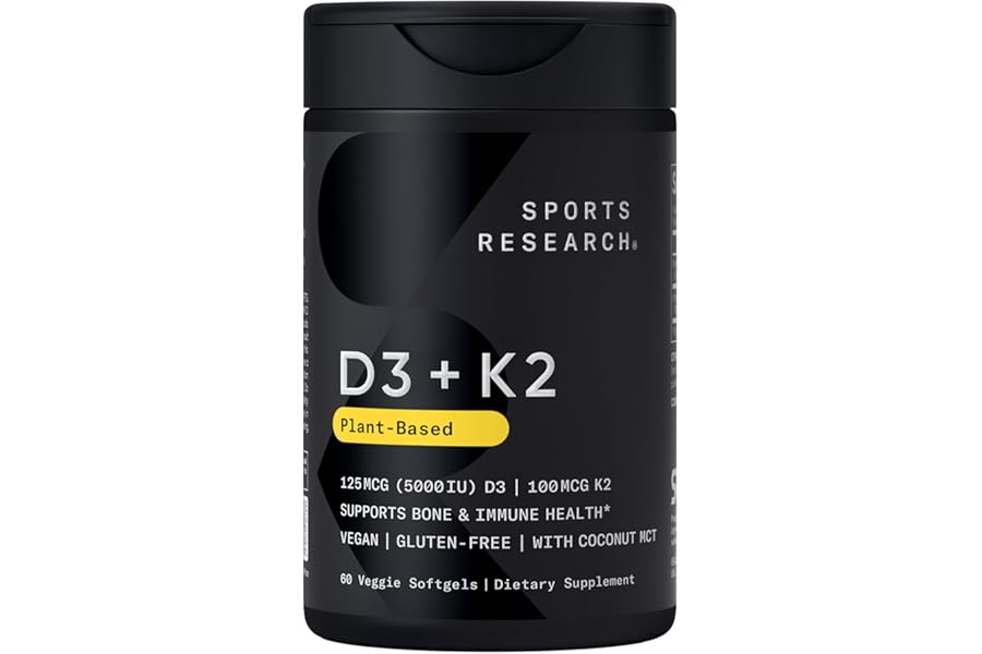 Sports Research® Vitamin D3 + K2 w/ Coconut Oil - Vegan Vitamin D 5000iu & Mk7 Vitamin K 100mcg for Bone & Immune Support - Vegan Certified · Non-GMO · Soy Free - 60 Softgels