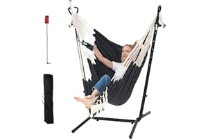 TVT Hammock Chair with Stand Double Hammock Chair Bohemian Style with Tassel Phone Stand Handmade Adjustable Swing Indoor Outdoor Patio Garden Porch with footrest can Lie Down Capacity 400 pounds (Black)