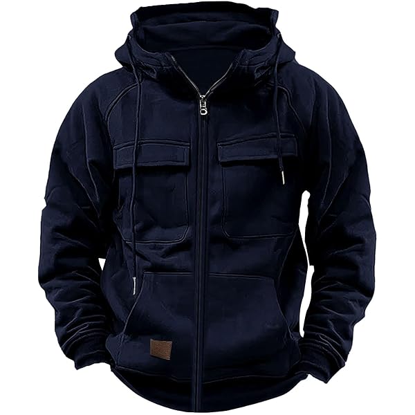 Sudadera Con Capucha Para Hombre De Mezcla Pesada - Cremallera Completa, Múltiples Bolsillos, Abrigo Cálido