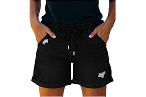 Womens Denim Shorts Casual Summer Elastic Waist Drawstring Wide Leg Jean Shorts Rolled Up Hem Y2k Jeans with Pockets