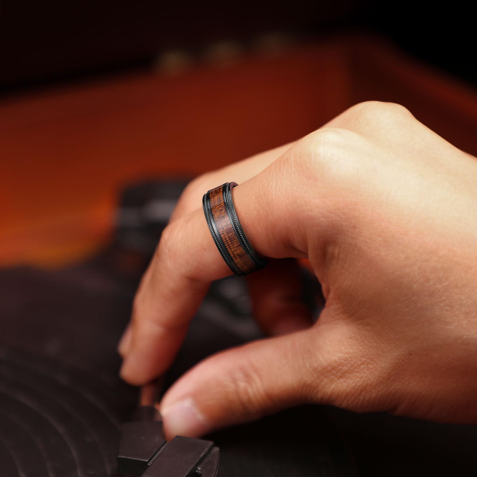 King Will Titanium Wedding Band for Men 7-8mm Black/Silver/Gold Titanium Men Ring with Koa/Maple Wood Inlay, Wooden Wedding Ring for Men Women Comfort Fit Size 6-14