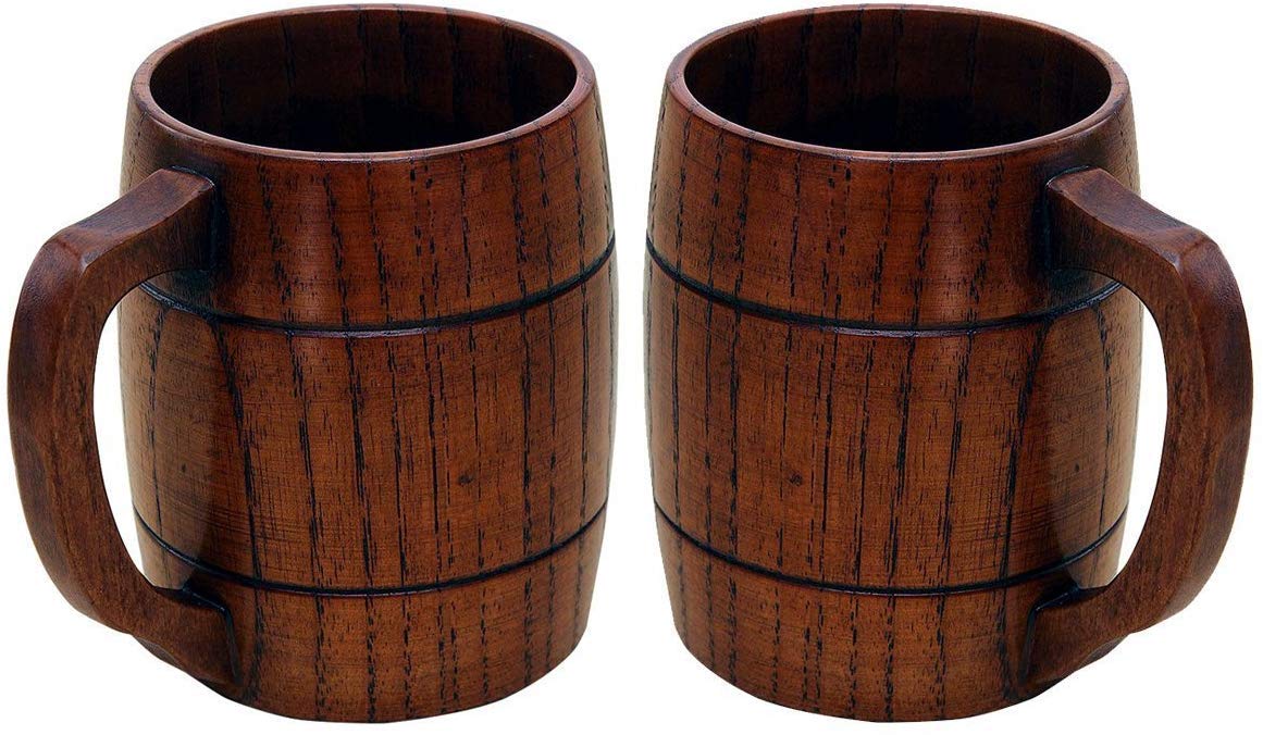 Yundxi Handmade Wooden Beer Mug/Beer Stein/Tankard Natural Wood Cup Gift Eco-Friendly (2pcs)