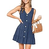 MITILLY Women's Casual T-Shirt Dresses Sleeveless V Neck Button Down A Line Loose Swing Short Dress with Pockets