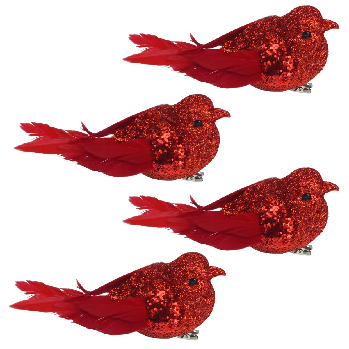 Davies 4 Pack 9cm Clip on Glitter Birds Christmas Decoration - Red