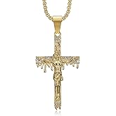 NEGS 18K Gold Plated Crucifix Cross Catholic Jesus Christ Pendant Stainless Steel Necklace for Men Women,24 Inch Chain Christian Prayer Easter Jewelry Gift