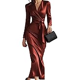 ZEEJINNG Women Long Sleeve V Neck Tie Waist Satin Elegant Formal Cocktail Wedding Guest Bodycon Midi Dress