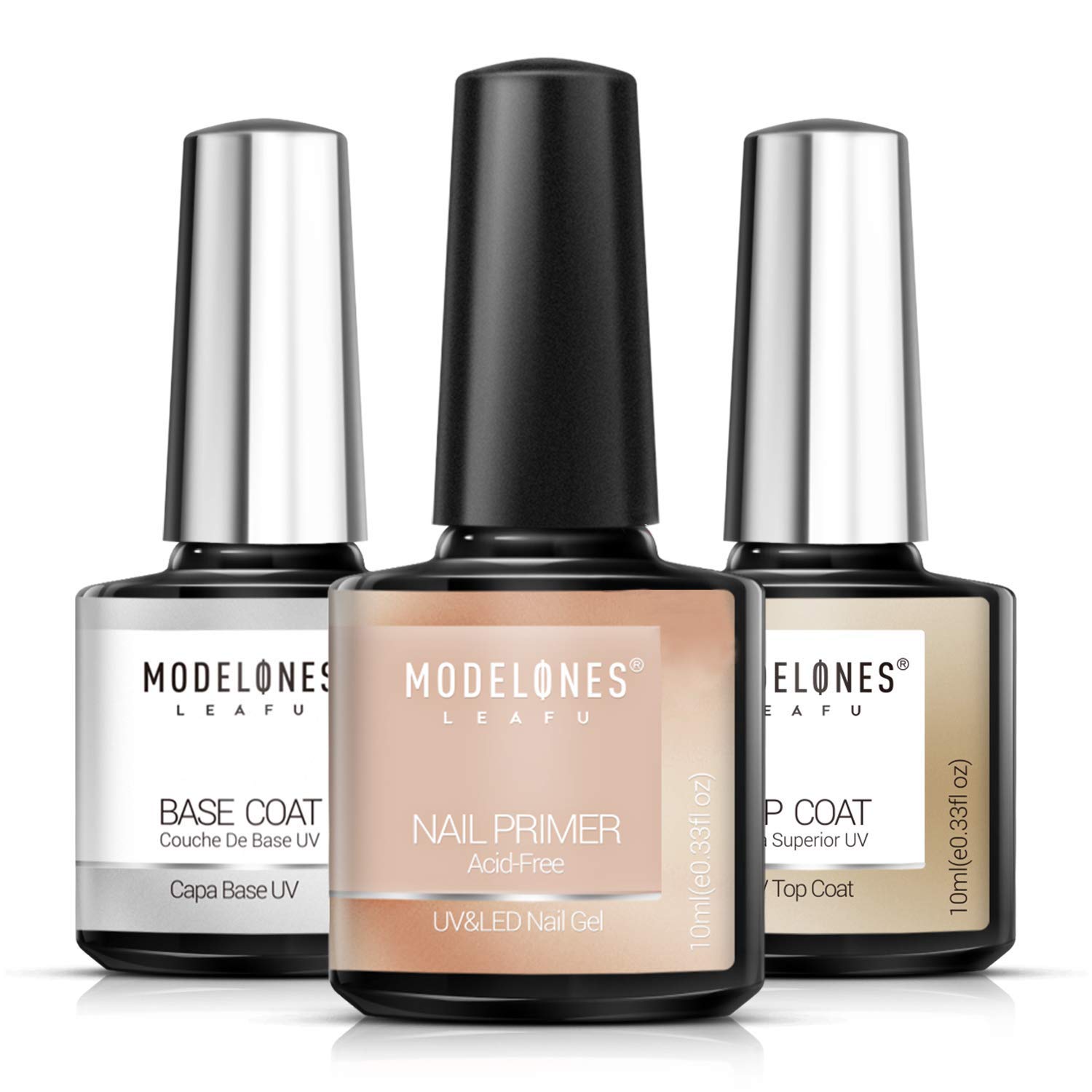 Modelones Gel Nail Polish 3Pcs 0.33 Oz Primer No Wipe Top and Base Coat Set, Non-acid Nail Primer, Shiny and Long-Lasting UV/LED Soak Off Gel Polish : Beauty