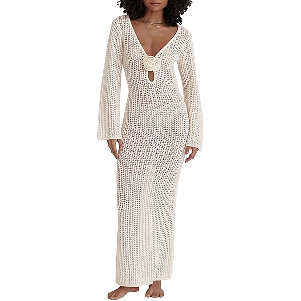 LOUSEA Women's 3D Floral Crochet Maxi Dress Spaghetti Strap Tie Waist  Backless Bodycon Knit Beach Long Dress with Floral Applique for Summer  Vacation Party Outfits (LS-1003-Apricot,S) at Amazon Women's Clothing store
