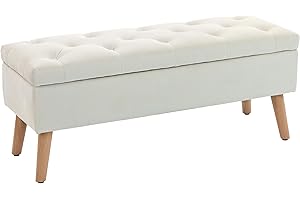 HOMCOM Storage Ottoman with Lid, Velvet Upholstered Storage Bench, Foot Stool with Wood Legs for Living Room, Bedroom, Entryw