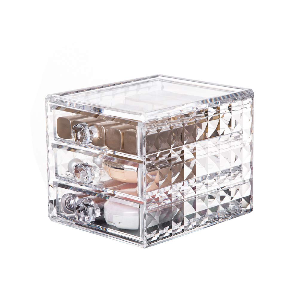 HARLIANGXY Lipstick Organizer, Modern Diamond Pattern, Acrylic Lipstick Holder with 3 Drawers, Transparent, Cosmetic Storage Box for Dressing Table