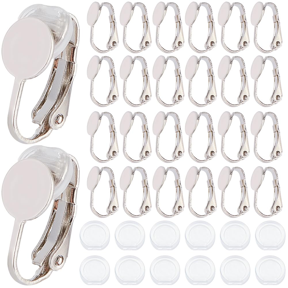 SOFPLATE 1 Box 20Pcs Clip-on Earring Converter Silver Clip on Earrings Converter Brass Round Flat Back Tray Earring Clips with Plastic Pads Non Pierced Earring Findings for jewellery Making Supplies D