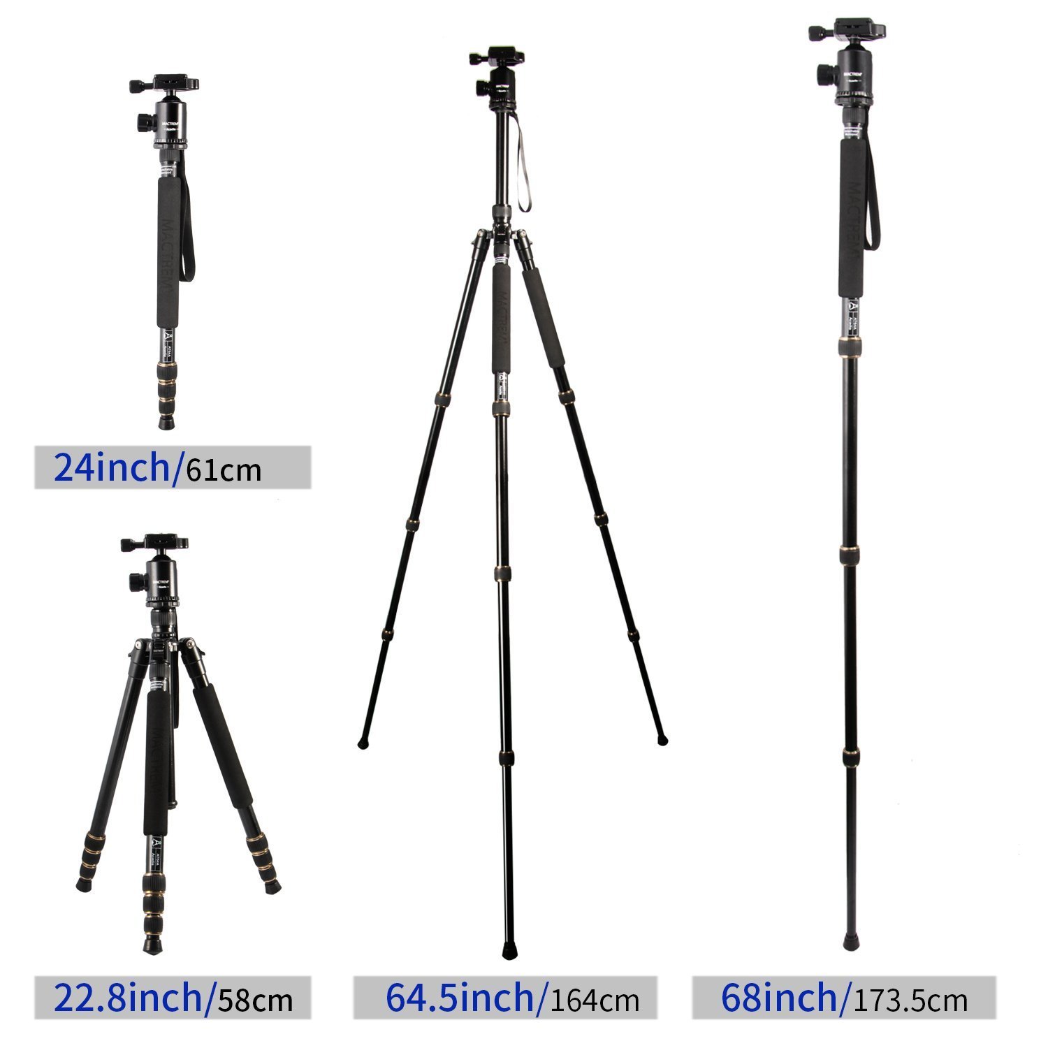 Tragbares Aluminium und Magnesium Kamerastativ Mactrem AT64, 163,8cm (64.5’’), abnehmbares Einbeinstativ, 360 Grad Kugelkopf, 63,5cm (¼’’) Schnellwechselplatte und Tragetasche für Digital/Video/Spiegelreflex Kameras – 15kg (33lbs) maximale 