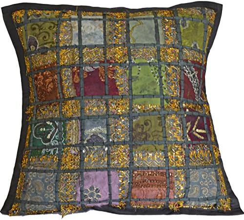16" Recycled Sari Cushion Cover 40cm Indian Moroccan Black