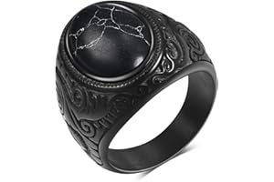 MYNENEY Retro Vintage Stone Rings for Men Turquoise Rings Stainless Steel Signet Biker Band