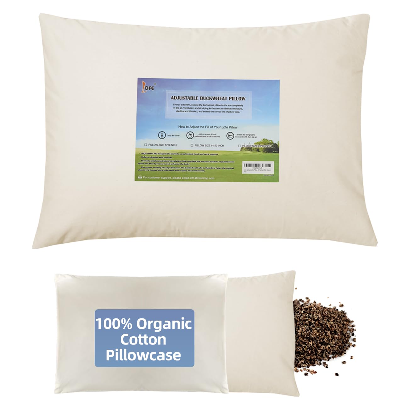 Photo 1 of LOFE Organic Buckwheat Pillow for Sleeping - 14''x20'' Adjustable Firm Pillow, Organic Cotton Shell Breathable for Cool Sleep, Cervical Support for Back and Side Sleepers(Tartary Buckwheat Pillows)