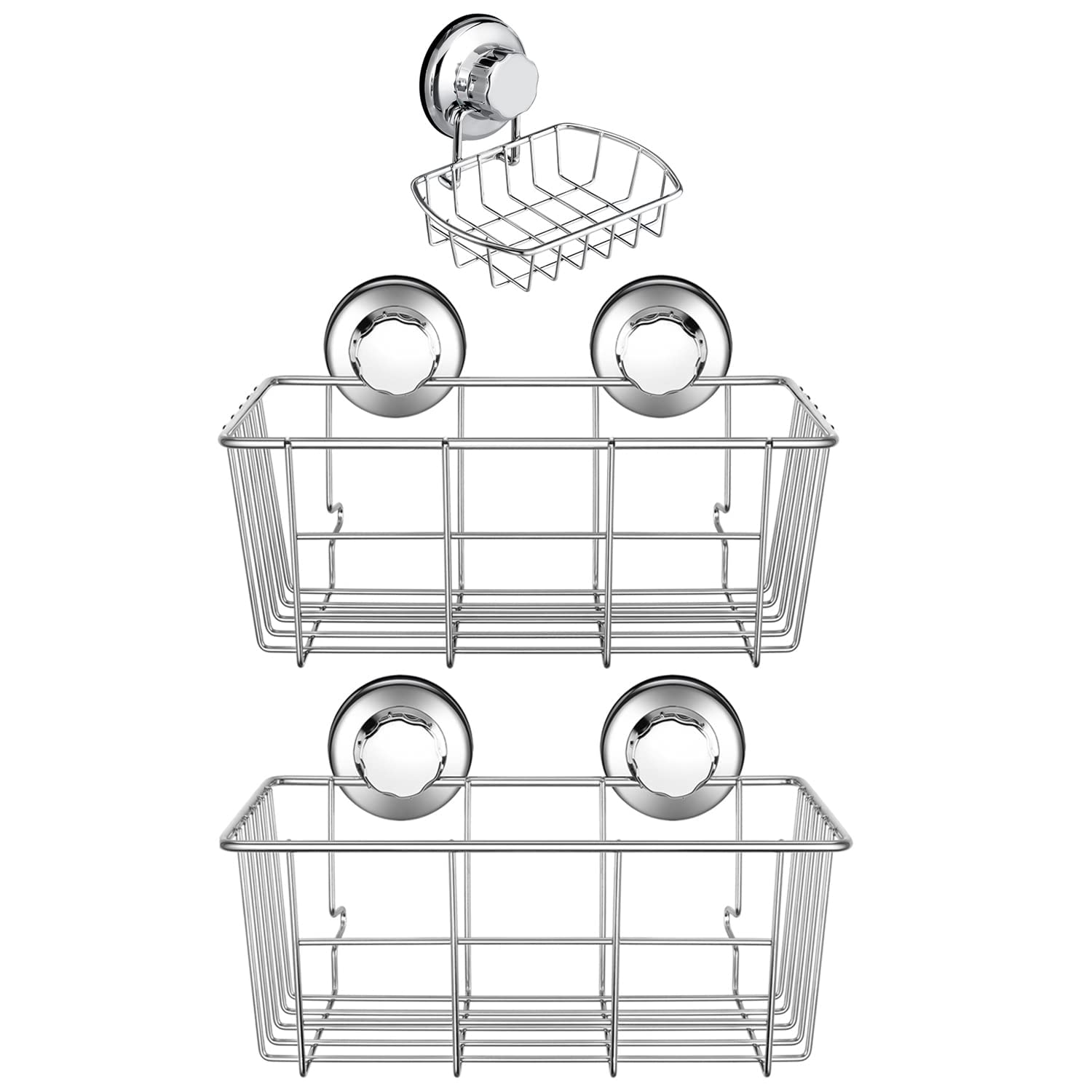 iPEGTOP 3in1 Strong Suction Cup Deep Shower Caddy Bath Organizer Wall Shelf + Soap Dish Soap Holder for Large Shampoo Shower Gel Bathroom Accessories Storage - Rustproof Stainless Steel