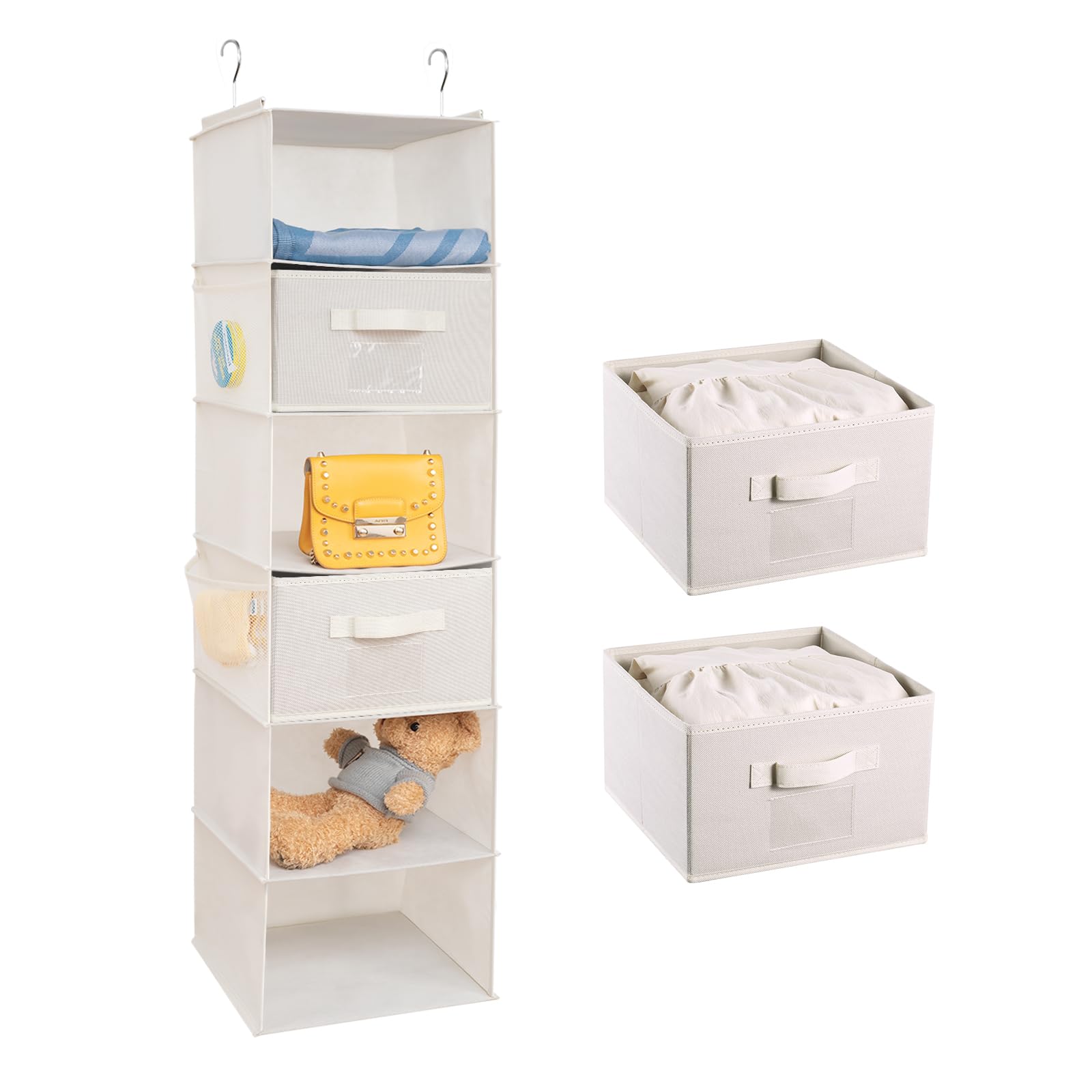 BrilliantJo Hanging Wardrobe Organiser 6 Shelves with 2 Removable Drawers Closet Storage, hanging Shelves Unit with 4 Pockets for Clothes - Beige(12x 12 x 43.3 inch)
