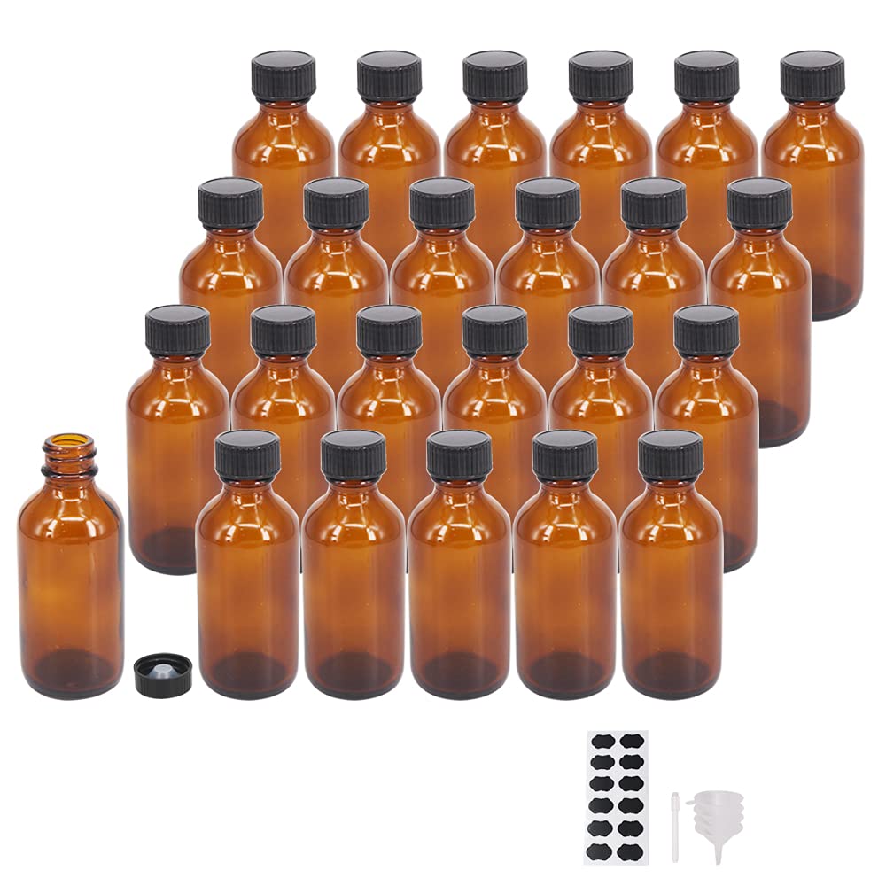 BPFY 2 oz 24 Pack Amber Boston Glass Bottle With Black Poly Cap, Funnel, Chalk Labels, Pen Dispensing Bottles for Homemade Vanilla Extract, Essential Oils, Herbal Medicine, Wedding Christmas Decor