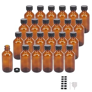 BPFY 2 oz 24 Pack Amber Boston Glass Bottle With Black Poly Cap, Funnel, Chalk Labels, Pen Dispensing Bottles for Homemade Vanilla Extract, Essential Oils, Herbal Medicine, Wedding Christmas Decor