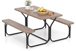 Giantex Picnic Table Bench Set Outdoor Camping All Weather Metal Base Wood-Like Texture Backyard Poolside Dining Party Garden Patio Lawn Deck Furniture Large Camping Picnic Tables for Adult