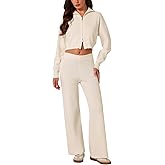 ABOCIW Women's 2 Piece Outfits Ribbed Knit Zip Up Cropped Sweatshirt Wide Leg Pants Sweater Set Sweatsuit