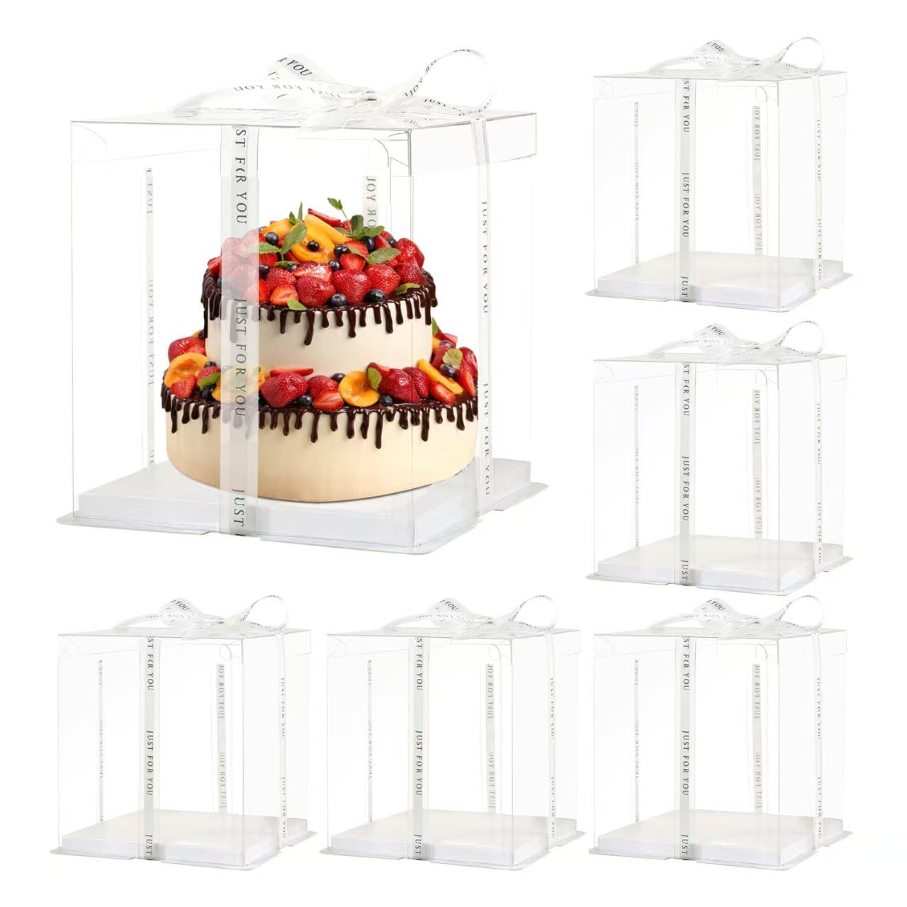 Photo 1 of JCD 10inch Large Transparent Cake Box,6 Pcs Clear Cake Boxes with Ribbon,10x10x9inch,Suitable for 8" or 9" cakes, Tall Cake Carrier for Display and Gift Packaging(Clear Lid, 10 * 10 * 9inch/6Pcs)