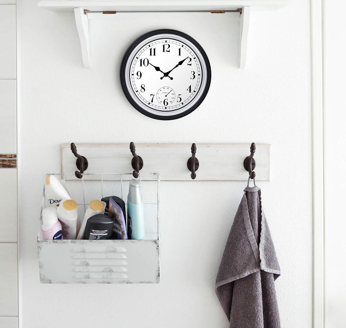 45Min 12 Inch Indoor/Outdoor Retro Round Waterproof Wall Clock with Thermometer, Silent Non Ticking Battery Operated Quality Quartz Wall Clock Home/Patio Decor(Silver F): Kitchen & Dining