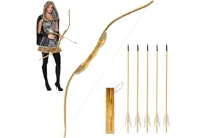 Basbon Wooden Bow and Arrow Set, 40 Inch Handmade Wooden Bow and Arrow Cosplay Costume Prop Archery Set Games Toys, 1 Bows 1 Quivers and 5 Feather Arrows, Gifts for Kids Youth Boys and Girls