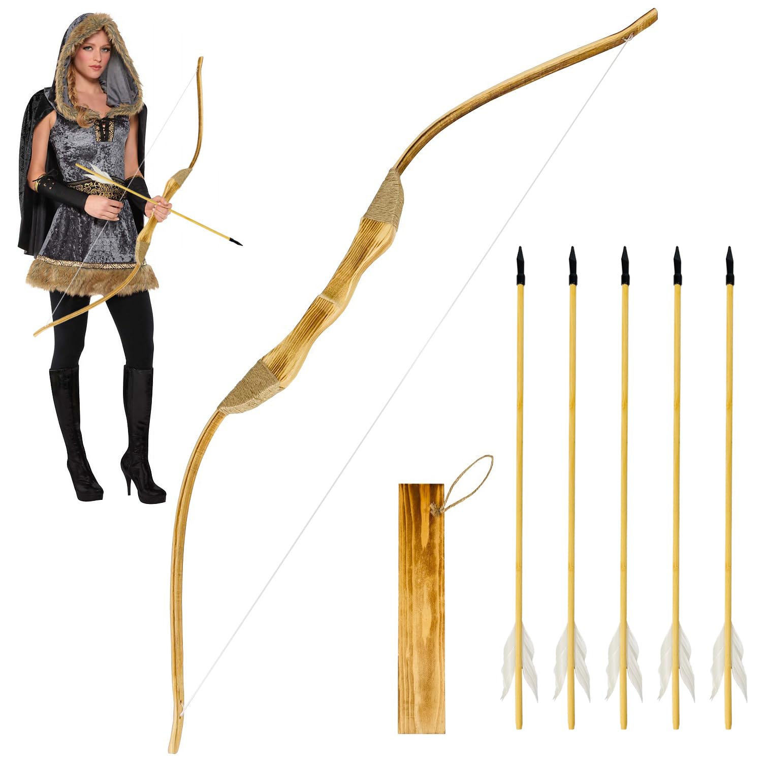 Photo 1 of *Minor damage to arrow(s)* Basbon Wooden Bow and Arrow Set, 40 Inch Handmade Wooden Bow and Arrow Cosplay Costume Prop Archery Set Games Toys, 1 Bows 1 Quivers and 5 Feather Arrows, Gifts for Kids Youth Boys and Girls
